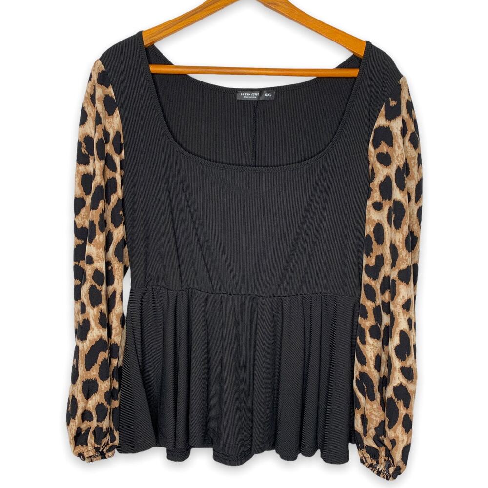 3/$20 NWOT SHEIN women's black ribbed leopard long sleeve sleeve peplum top 0X